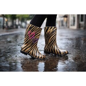 Shake It Up Girls Rain Boots Sz 3 Zebra‎ Print Glitter Hearts Waterproof Rubber